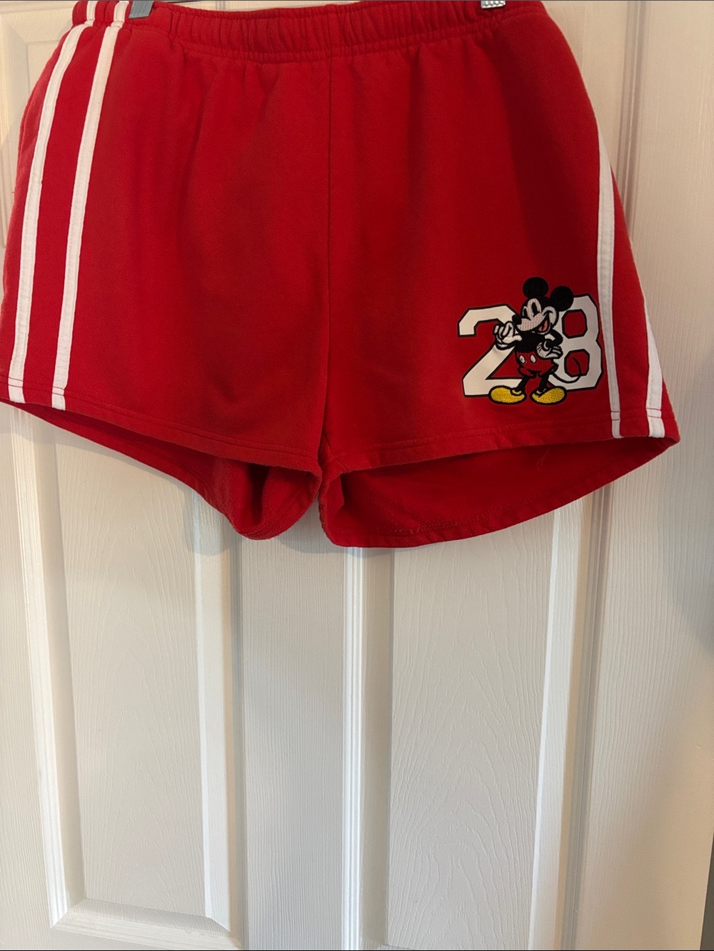 Disney Red Athletic Shorts with White Stripes and Mickey Graphic Size 16-18